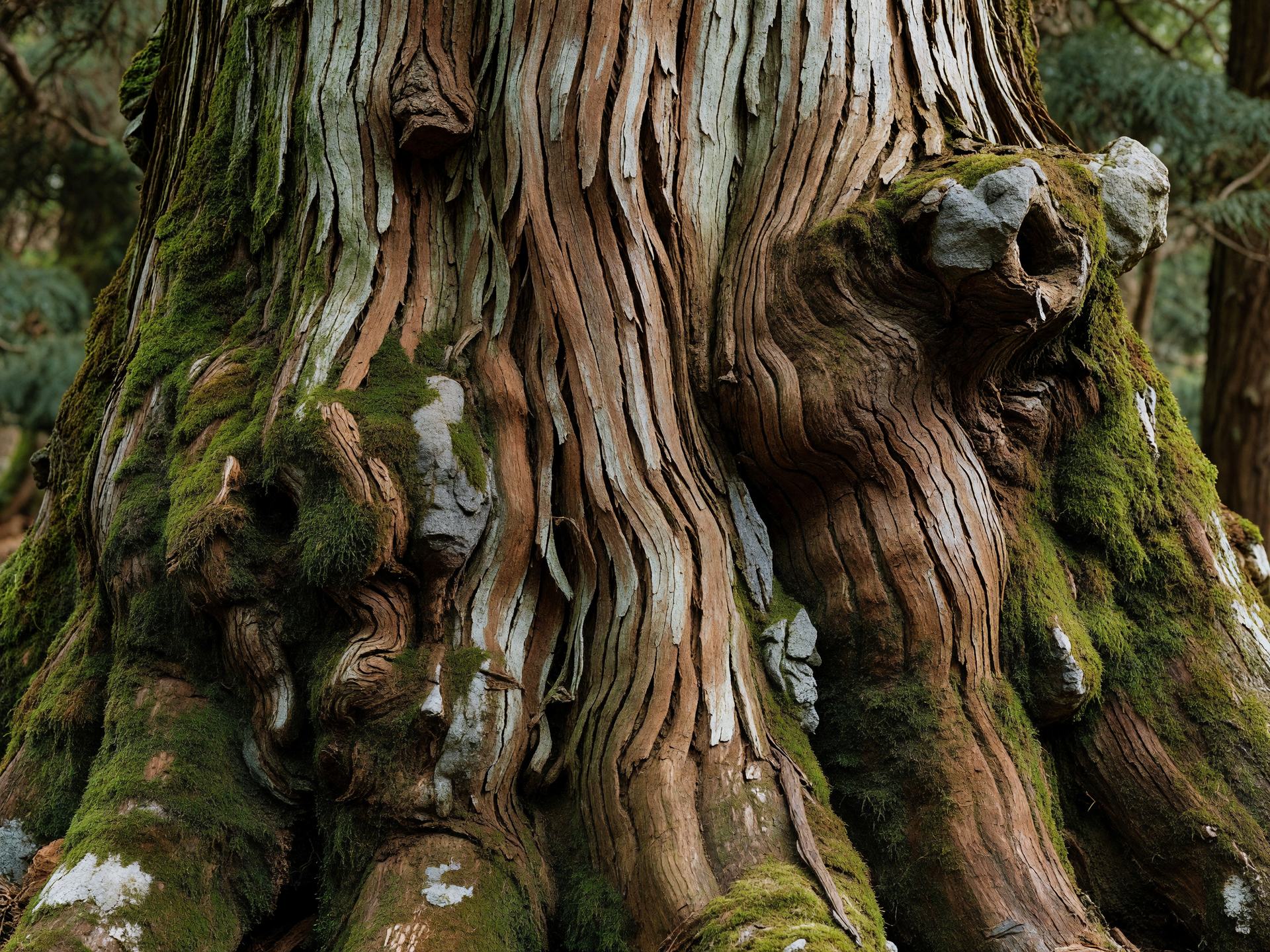 古い杉の木肌 — ancient cedar tree bark closeup