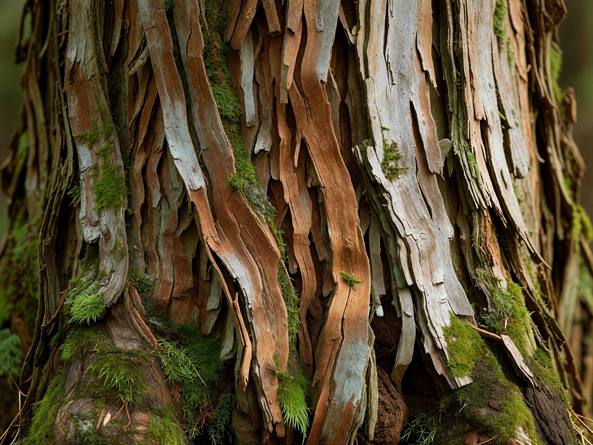 杉の木肌に広がる苔 — cedar bark moss texture