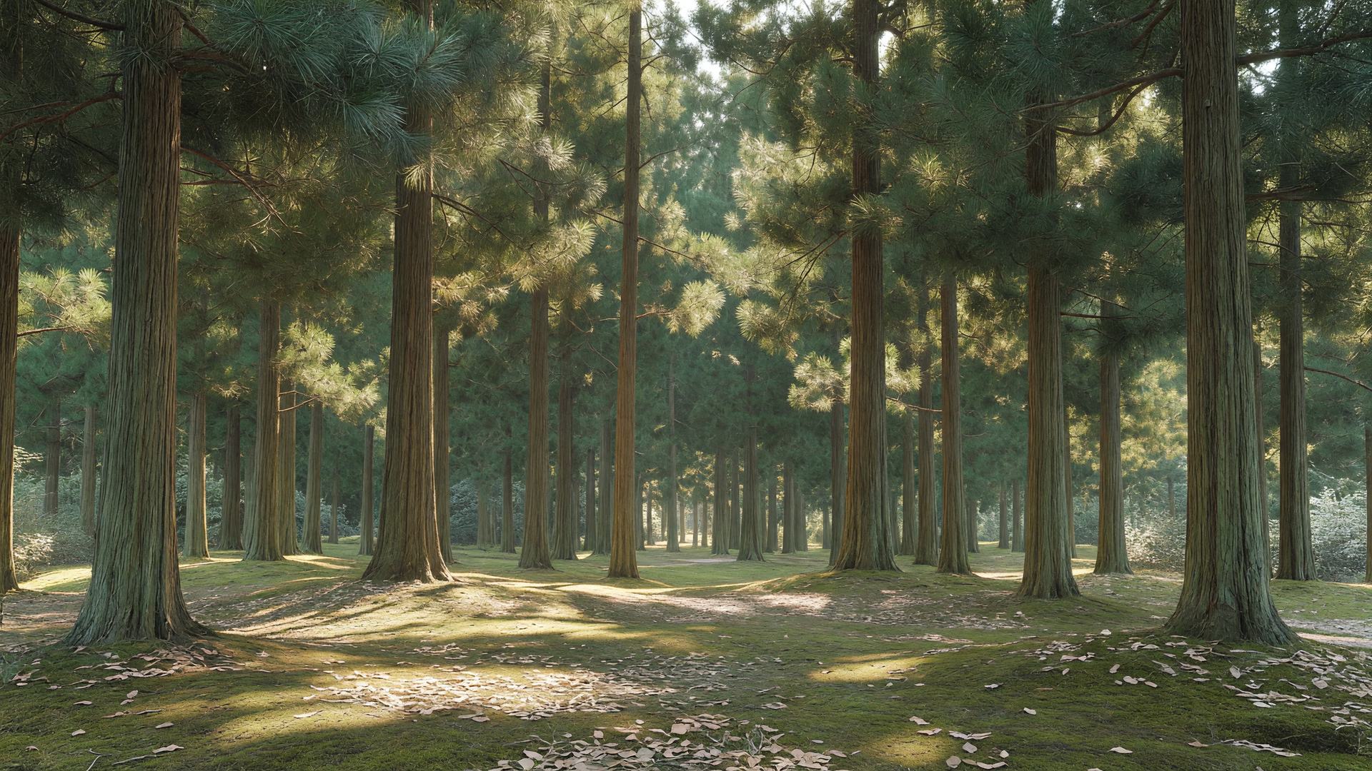 森の地面に落ちる木漏れ日 — dappled sunlight on cedar forest floor