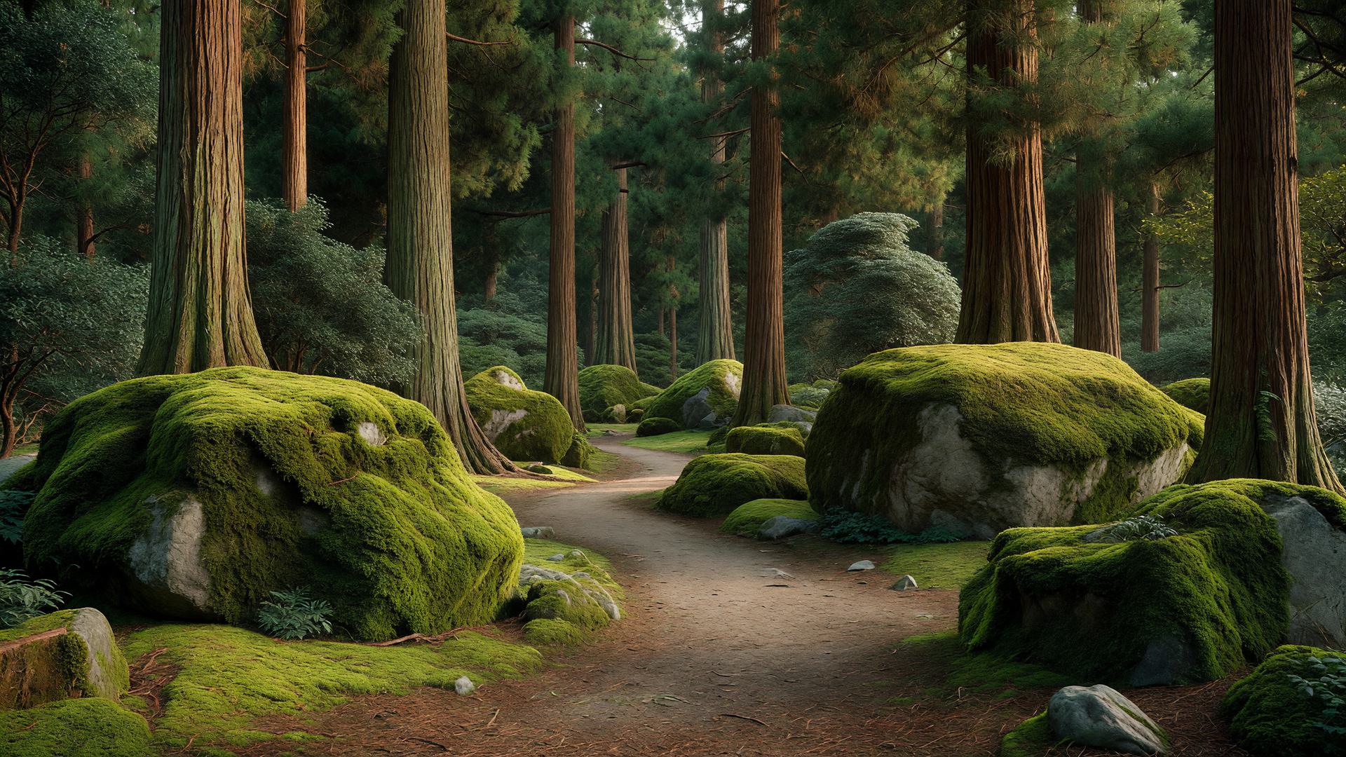 苔むした巨石と小道 — mossy boulders along the cedar path