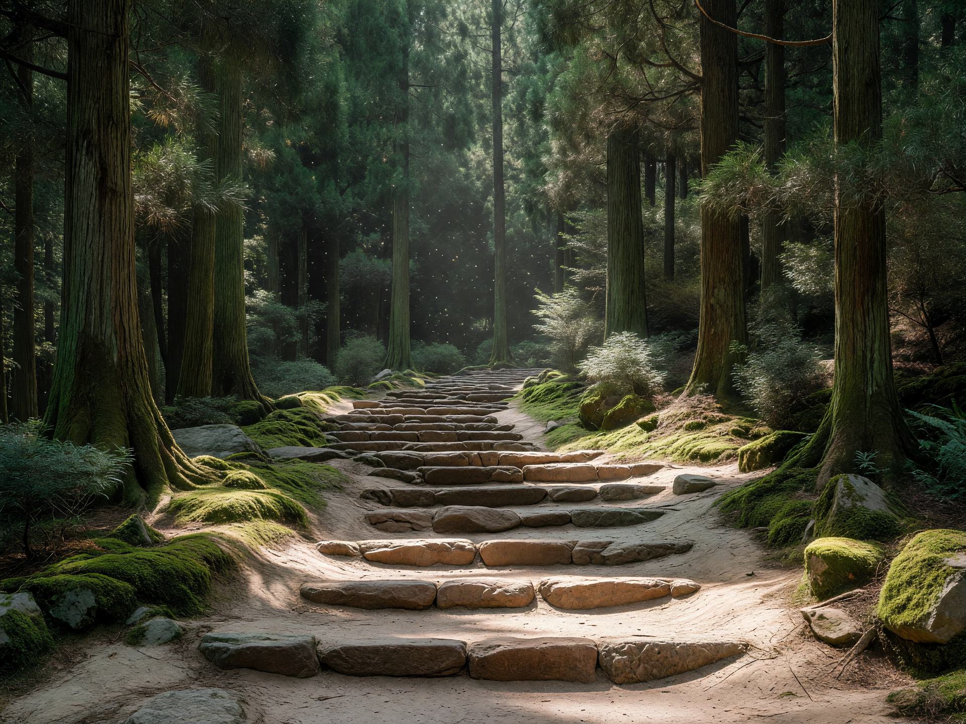 石段の森の小道 — stone steps on cedar forest trail