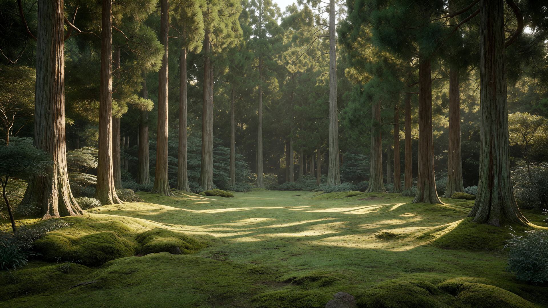 陽が差し込む杉の森の広場 — sunlit cedar grove clearing