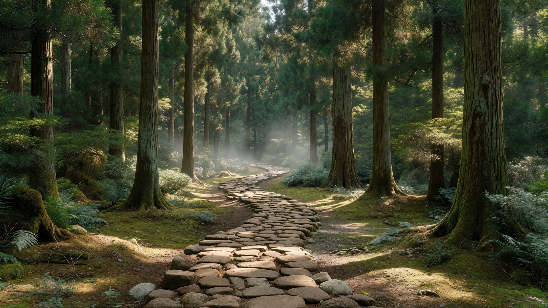 石畳の曲がりくねった森の小道 — winding woodland trail stone path